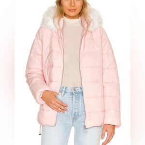 Women's Pink Puffer Jacket with Faux Fur Collar